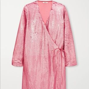 NWT GANNI Sequined Satin Wrap Dress Pink